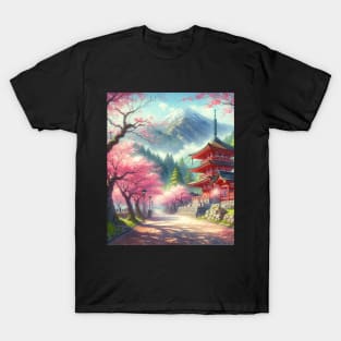 Japanese Red Temple with Cherry Blossom and Mountain - Anime Drawing T-Shirt